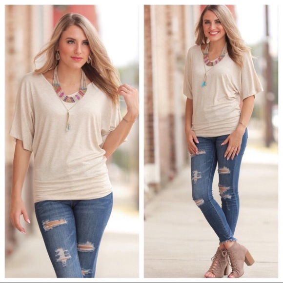 Infinity Raine Tops - Oatmeal Banded Dolman Tunic